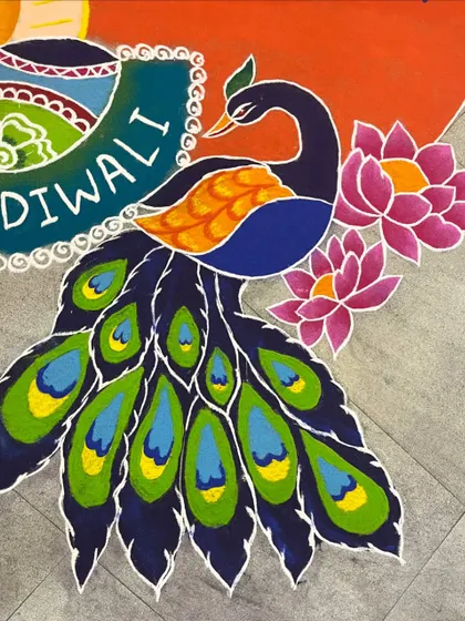 A close-up of the peacock and lotus details from a corporate commission. I focus on clean lines and rich color blending to ensure every element of the rangoli is sharp and visually appealing.