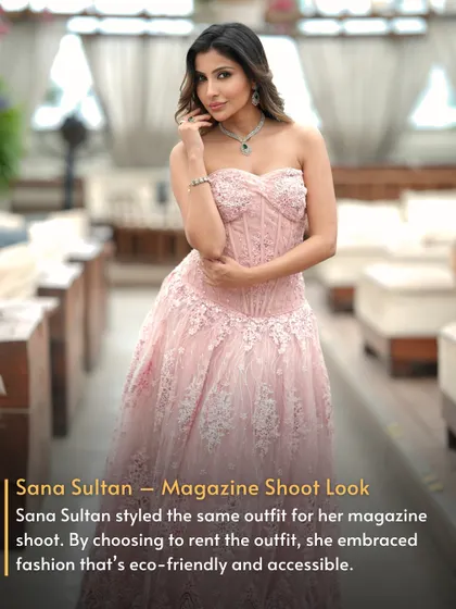 Sana Sultan styled this Amit GT gown for her magazine shoot, embracing fashion that's both eco-friendly and accessible. Get her dreamy look for your next photo opportunity.