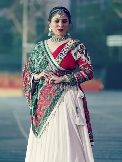 A poised and confident stance in my traditional attire for the Navratri event.