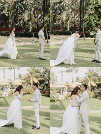 The emotional "first look" captured in a series of photos. The bride's tears of joy and the couple's loving embrace tell a powerful story.