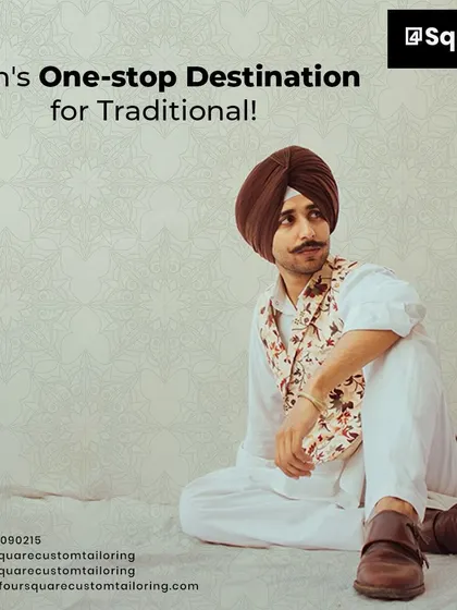 As a one-stop destination for men's traditional wear, we offer complete ensembles. This look combines a simple white kurta pajama with a floral print jacket and a classic brown turban, perfect for a daytime event or cultural function.