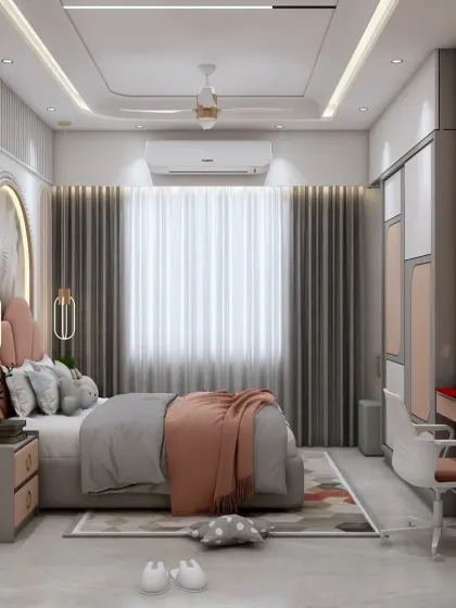 A kids' room with a beautiful arched mirror and a cozy bed. The design is simple, elegant, and can easily be adapted as the child grows.