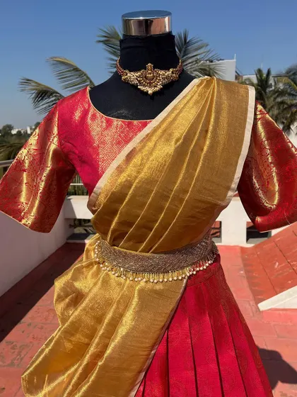 A close-up of the blouse and the traditional choker.
