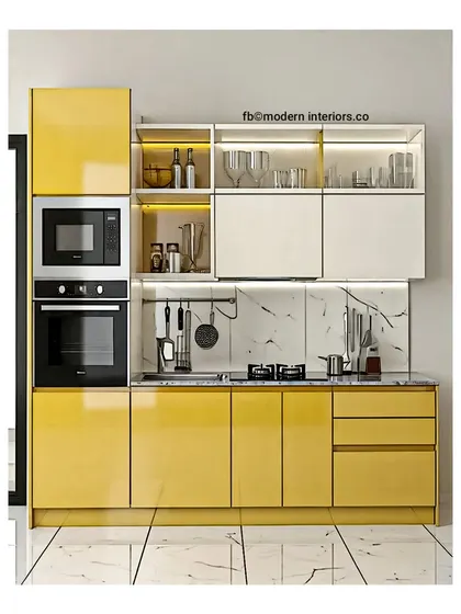 Another look at a straight kitchen layout, this design is perfect for smaller apartments. The bright yellow cabinets bring energy to the space, while the marble-patterned backsplash adds a touch of elegance.