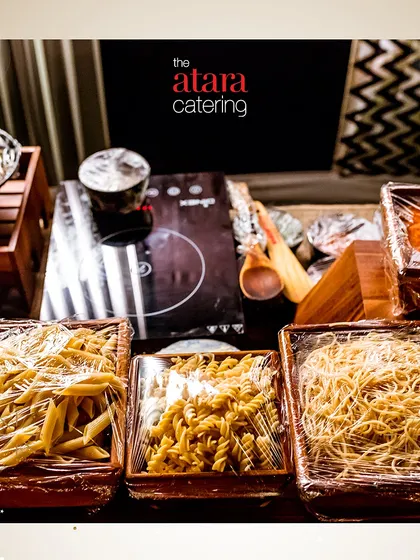 A close-up of the pasta options available at our live station. We provide different types of pasta like penne, fusilli, and spaghetti to cater to all preferences.