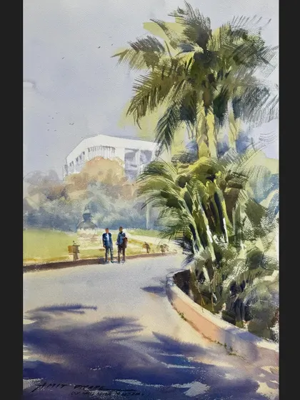 An on the spot landscape painting demonstrated at DY Patil College in Pune. The palm trees and the play of shadows were the main focus of this piece.