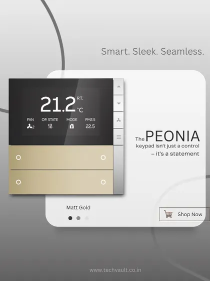 The Peonia keypad in a luxurious Matt Gold finish. It adds a touch of warmth and elegance to your wall, integrating seamlessly with high-end interior designs.