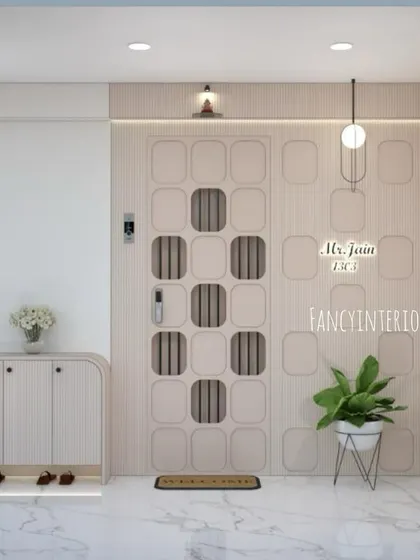 A variation of the grid-patterned door concept, showing how small changes to the surrounding wall panels can alter the overall look.