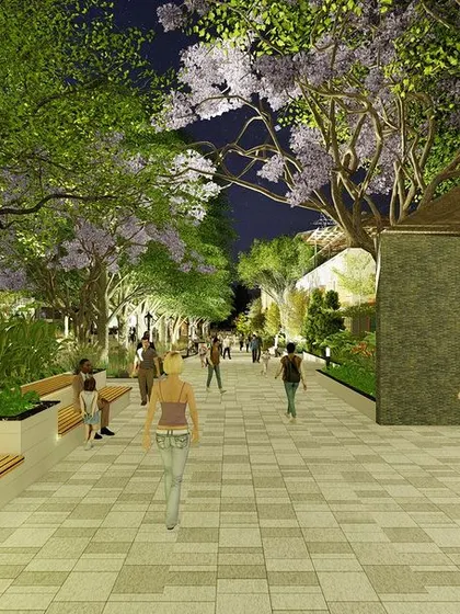 The shopping complex design visualized at night. The rendering showcases the impact of landscape lighting on creating a safe, inviting, and atmospheric environment for evening visitors.