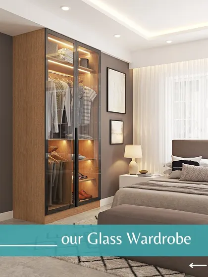 Our sleek glass wardrobe with a light wood frame and internal lighting. This modern design turns your clothing collection into a beautiful display.