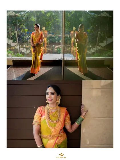 A collage of the bride in her beautiful yellow and green saree, her reflection captured in the glass.