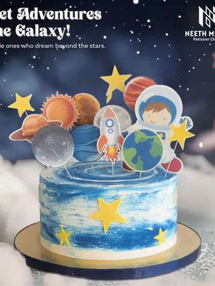 Sweet adventures in the galaxy! This space-themed cake is perfect for little ones who dream beyond the stars, featuring an astronaut, rocket, and planets.