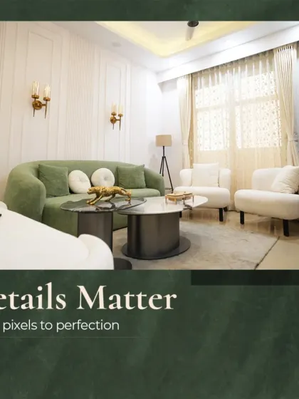 Details matter, from the first 3D render to the final perfect execution. This living room, with its mint green sofa and elegant white armchairs, is a real-life example of a client's dream home we proudly delivered.