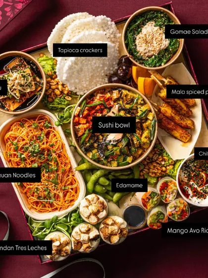 Here’s a helpful guide to my Summer Asian Tapas Box, with each delicious component labeled. You can clearly see the Cold Sichuan Noodles, Sushi Bowl, Pandan Tres Leches, and more, making it easy to see what's inside.
