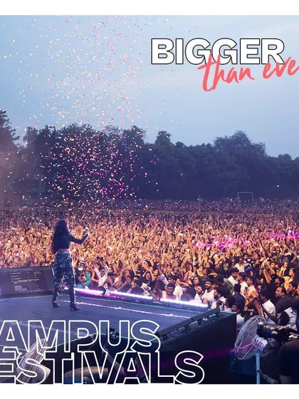 Bigger than ever. An artist on a stage ramp extending into a colossal crowd, all hands in the air.