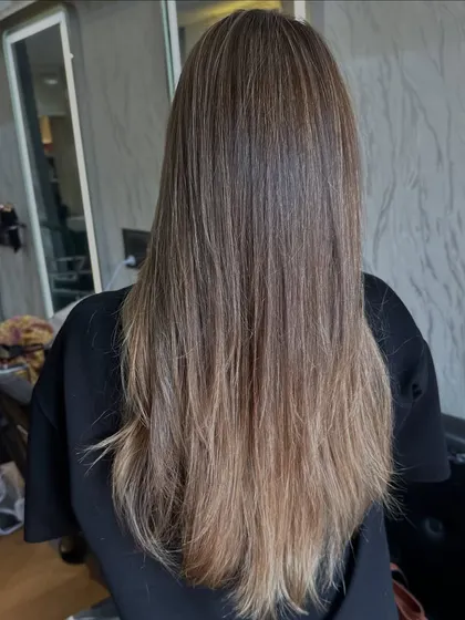 A full back view of the Pearl Ash Blonde, showing the long layers and the seamless color melt.