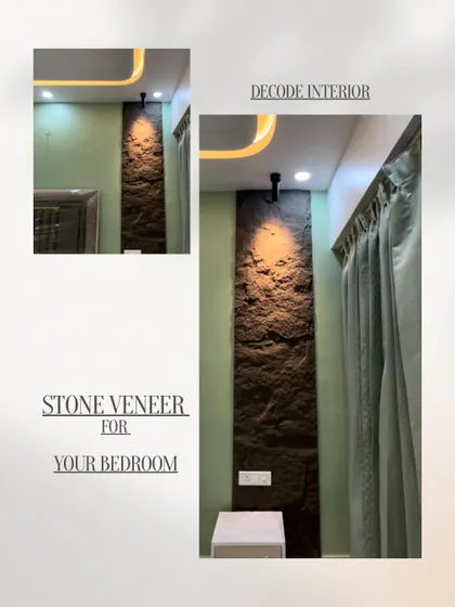 We added a touch of rustic elegance to this bedroom with a vertical stone veneer panel. The spotlight highlights the natural texture of the stone, creating a warm and inviting feature.