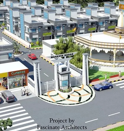 This render focuses on the entrance of the "Mahavir Nagar" development in Rajasthan. It highlights the community's planned features, including a grand entrance gate, adjacent commercial shops, and a central temple, which serve as key focal points for the township.