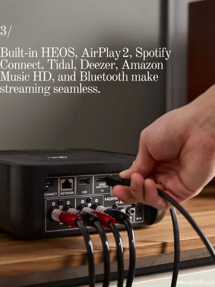A look at the back panel of the Denon Home Amp, showing its versatile connectivity. Built-in HEOS, AirPlay 2, Spotify Connect, and Bluetooth make streaming from any service seamless.