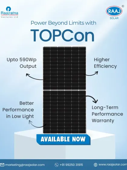 Power beyond limits with our TOPCon solar modules. We designed these panels to deliver up to 590Wp output with better performance in low light, all backed by a long-term performance warranty for consistent energy generation.