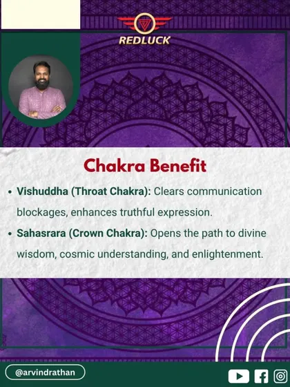 This Rudraksha provides dual chakra benefits, aligning the Vishuddha (Throat) and Sahasrara (Crown) chakras. This clears communication blockages, enhances truthful expression, and opens the path to divine wisdom.