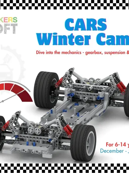 My Cars Winter Camp is an immersive dive into mechanics for kids aged 6-14. This graphic showcases the advanced chassis they get to build, complete with suspension and steering.