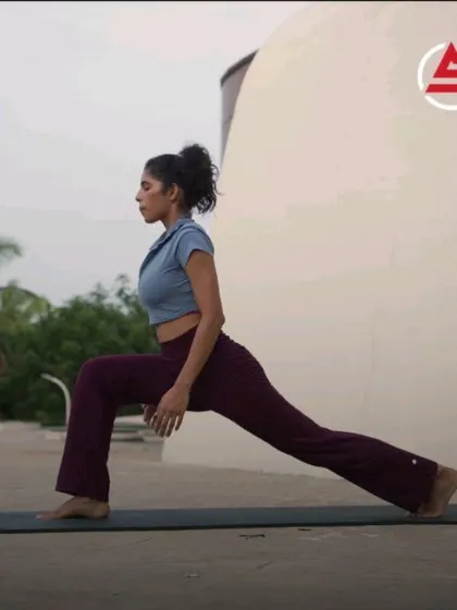 A series of images demonstrating various yoga-inspired stretches like downward dog and lunges that we incorporate to improve hip and spine mobility.