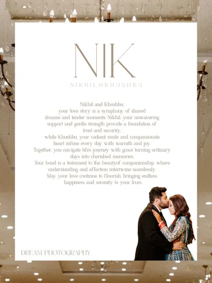 A poetic and romantic poster of Nikhil and Khushbu from their reception, celebrating their unique bond.