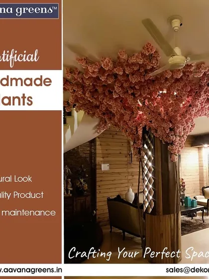 I also create unique, handmade artificial plant installations. This stunning ceiling feature uses beautiful pink blossoms to create a canopy of flowers, transforming the entire room into a magical, whimsical space. It’s a true statement piece.