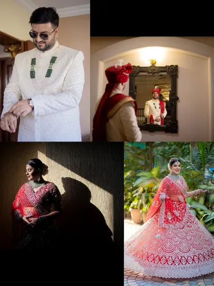 A collage showing the bride and groom getting ready for their big day, with artistic shots of their attire and their final looks.