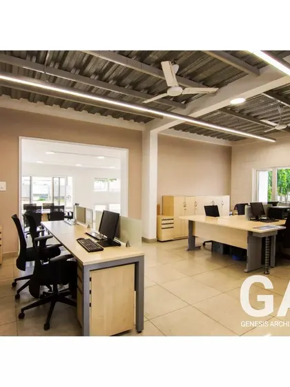 Functionality and clean design were key for this factory campus office. We created a bright, uncluttered environment with efficient workstations and ample storage, ensuring a productive and comfortable workspace.