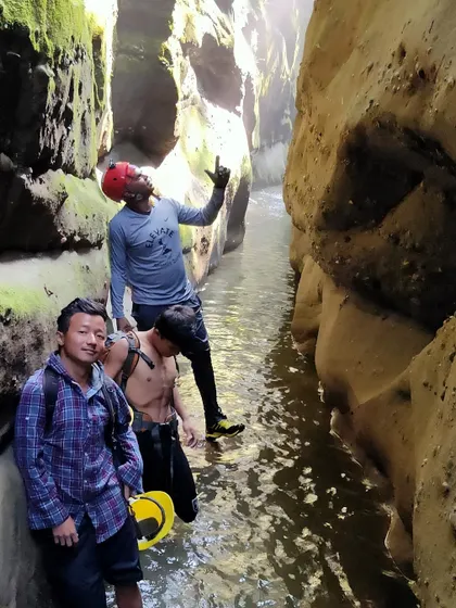 Taking a moment inside the canyon with local guides. Collaboration and sharing knowledge with the local community is a big part of how we operate.