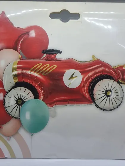 A shiny red race car foil balloon set, ideal for a car-themed birthday party. These foil balloons can be filled with air or helium.
