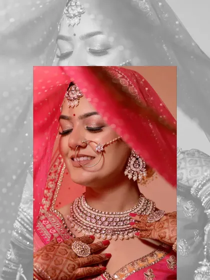 An artistic edit of a bridal portrait, with a black and white background that makes the colored central image pop. This style emphasizes the bride's beauty and emotion.
