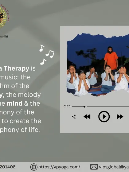 Yoga Therapy is like music for the soul. It harmonizes the rhythm of the body, the melody of the mind, and the harmony of the soul to create a beautiful symphony of life. This image captures a moment of that harmony during a group practice.