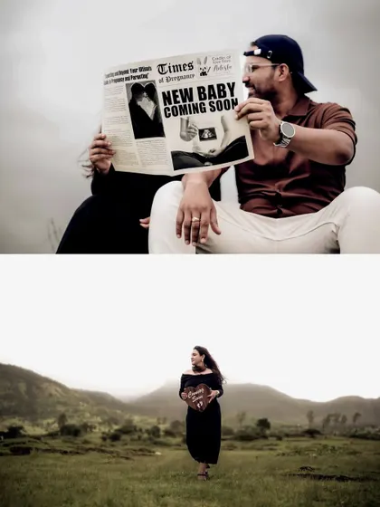 A collage showing a wide shot of the mom-to-be in a field and a close-up of the couple reading their "New Baby Coming Soon" newspaper. It captures both the setting and the story.