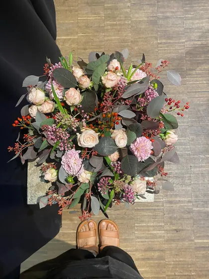 Sending a bunch of happiness to you virtually. A beautiful, rustic arrangement featuring dusty pinks and deep reds, perfect for any occasion.