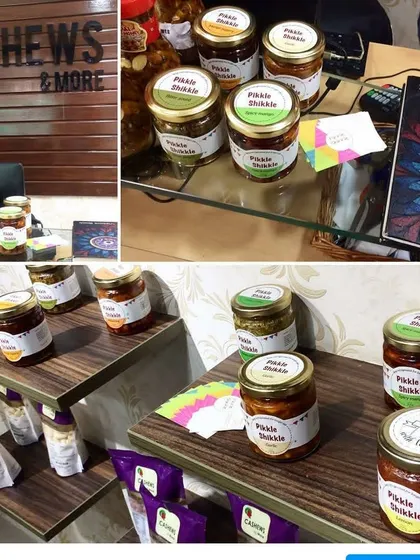Our pickles on display at a retail partner, Cashews & More. It's wonderful to see our products on shelves.