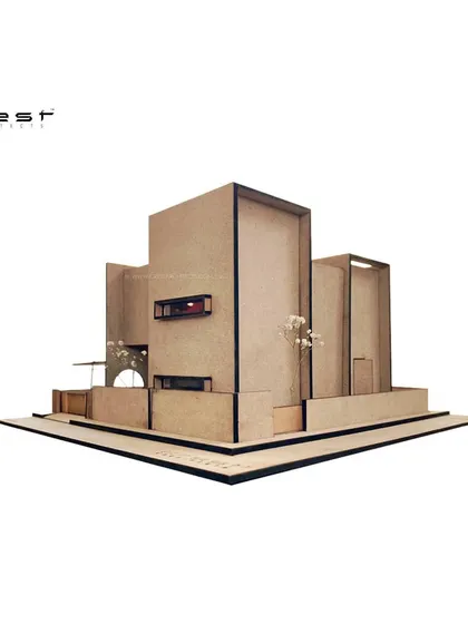A duplicate of the 'Framed House' model, this image provides another angle on the conceptual massing study that guided the project's development.