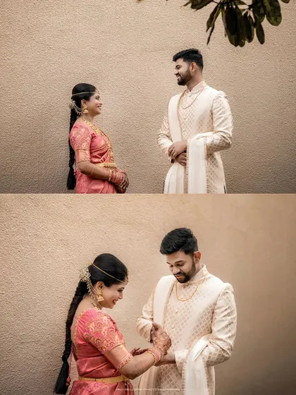 A collage capturing the tender moments between a couple. From gentle touches to shared smiles, these images piece together the narrative of their wedding day.
