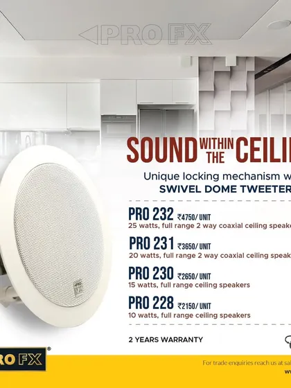 We offer a range of our own PRO FX branded in-ceiling speakers designed for commercial applications. With features like a swivel dome tweeter, they are ideal for providing background music in lounges, malls, and hospitals.