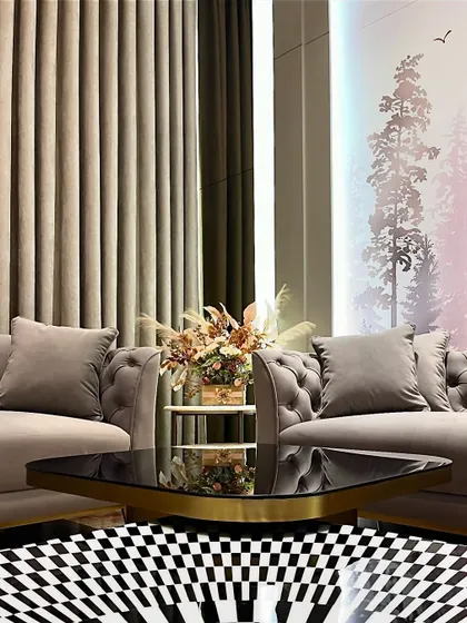 A close-up of the seating area, showing the bold, checkered marble inlay on the coffee table. This piece serves as a striking focal point, blending modern graphic design with classic luxury.