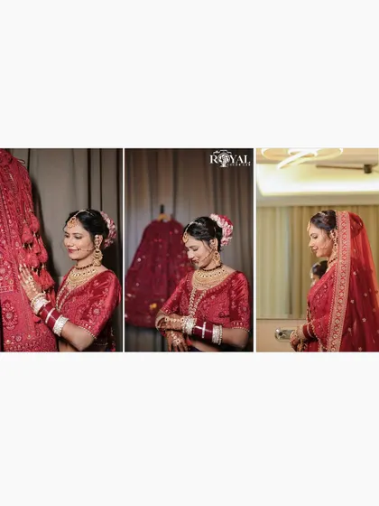 A collage showing the bride getting ready, capturing the final touches and her admiration of the wedding lehenga.