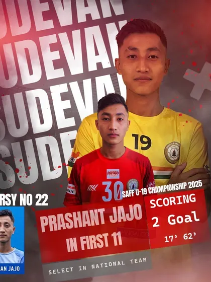 A graphic celebrating Prashant Jajo's incredible debut for the Indian National U-19 team, where he scored two goals. We build players for the big stage.
