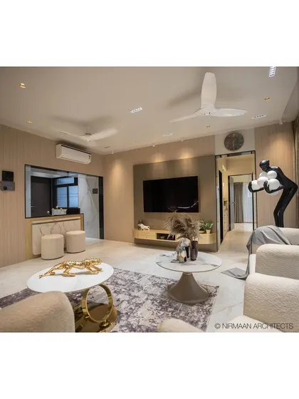 A wide perspective of the Duplex Project living room, highlighting the spacious layout and the seamless integration of different seating zones. The design is perfect for large families and entertaining guests.