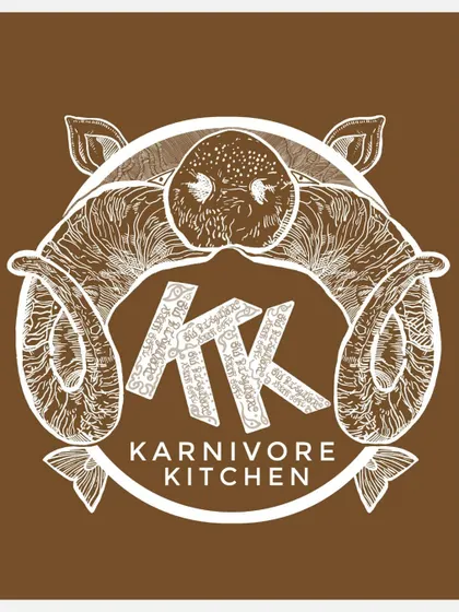 A clean version of my Karnivore Kitchen logo, showcasing the pig and ram elements that define my meat-forward menu.