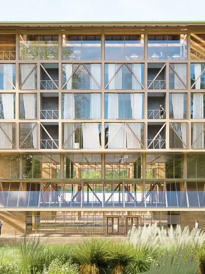 A frontal view of the proposed hotel in Kashmir, showcasing the timber-braced framework. This modern interpretation of Dhajji Dewari construction creates a visually light yet structurally robust facade suited for the region's climate and seismic conditions.