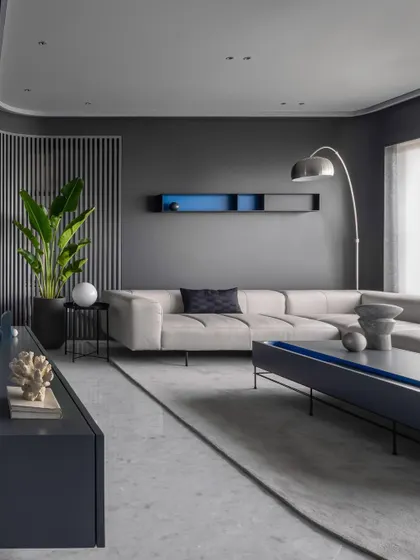 The living room in 'A Hint of Azul' features a custom sofa and a wall-mounted shelving unit with a pop of blue. The furniture is arranged to work with the curved, slatted partition that separates the living and dining areas.