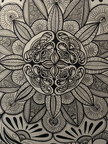 A close-up look at the detailed patterns within one of my finished mandala doodles. Every section is filled with unique, hand-drawn designs that come together to create a symmetrical and balanced piece of wall art.