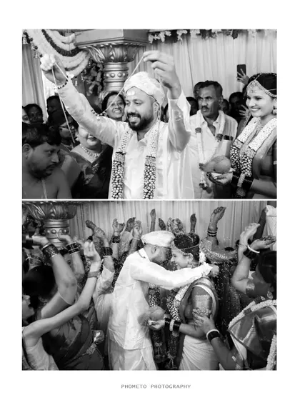 A black and white collage of high-energy moments from the ceremony, including blessings from elders.